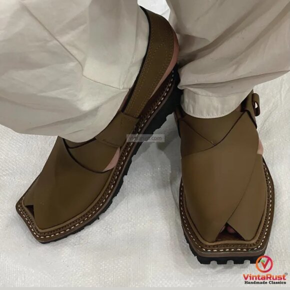 Olive Green Handmade Peshawari Chappal for Men: Leather Classic Ethnic Shoes